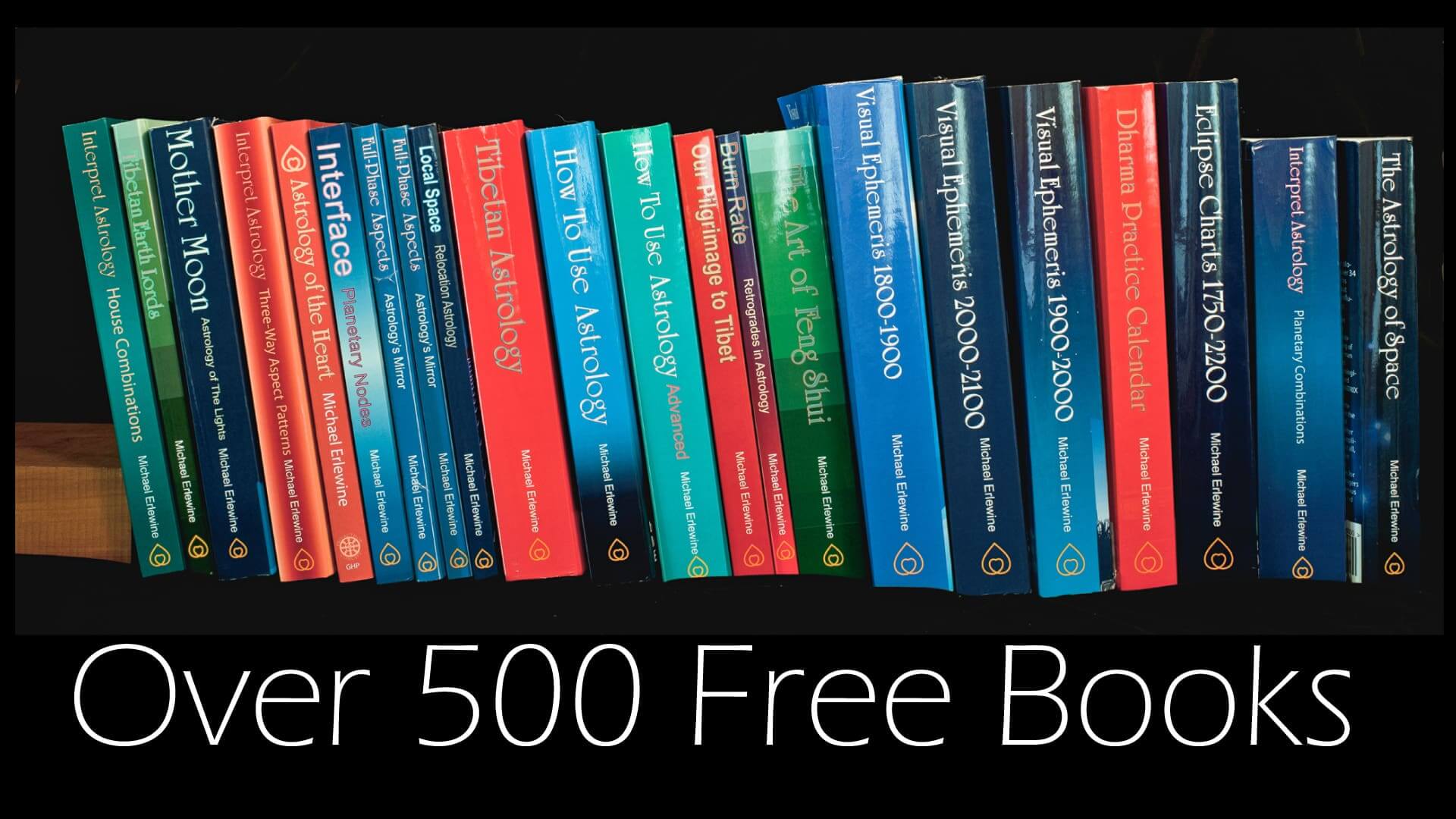 A colorful row of textbooks on a shelf with a caption about free books.