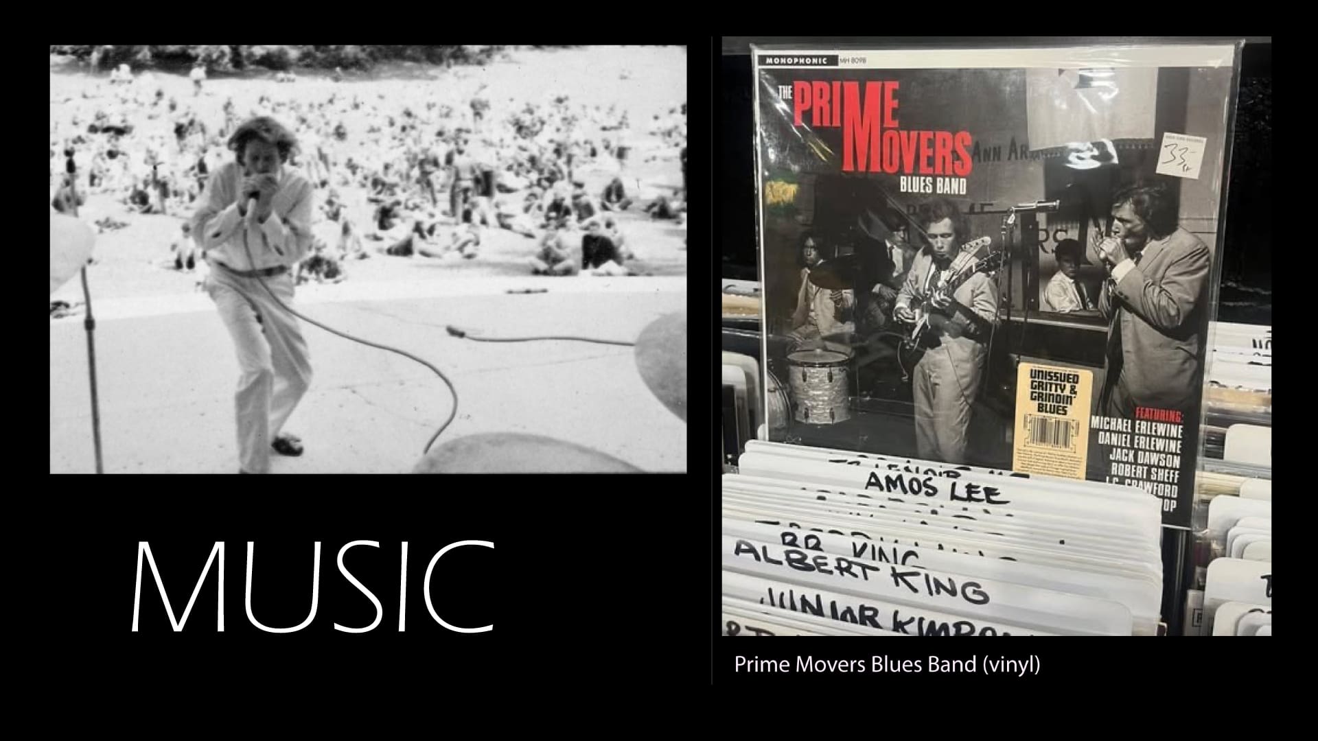 Vintage images of musicians performing and an album cover titled 'Come Together'.