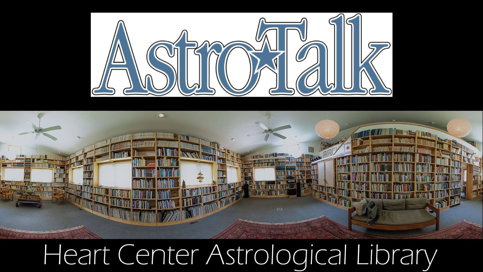 Astrology library room filled with shelves of books under a ceiling fan.