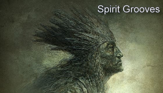 Ancient figure with headdress, titled "Spirit Grooves".