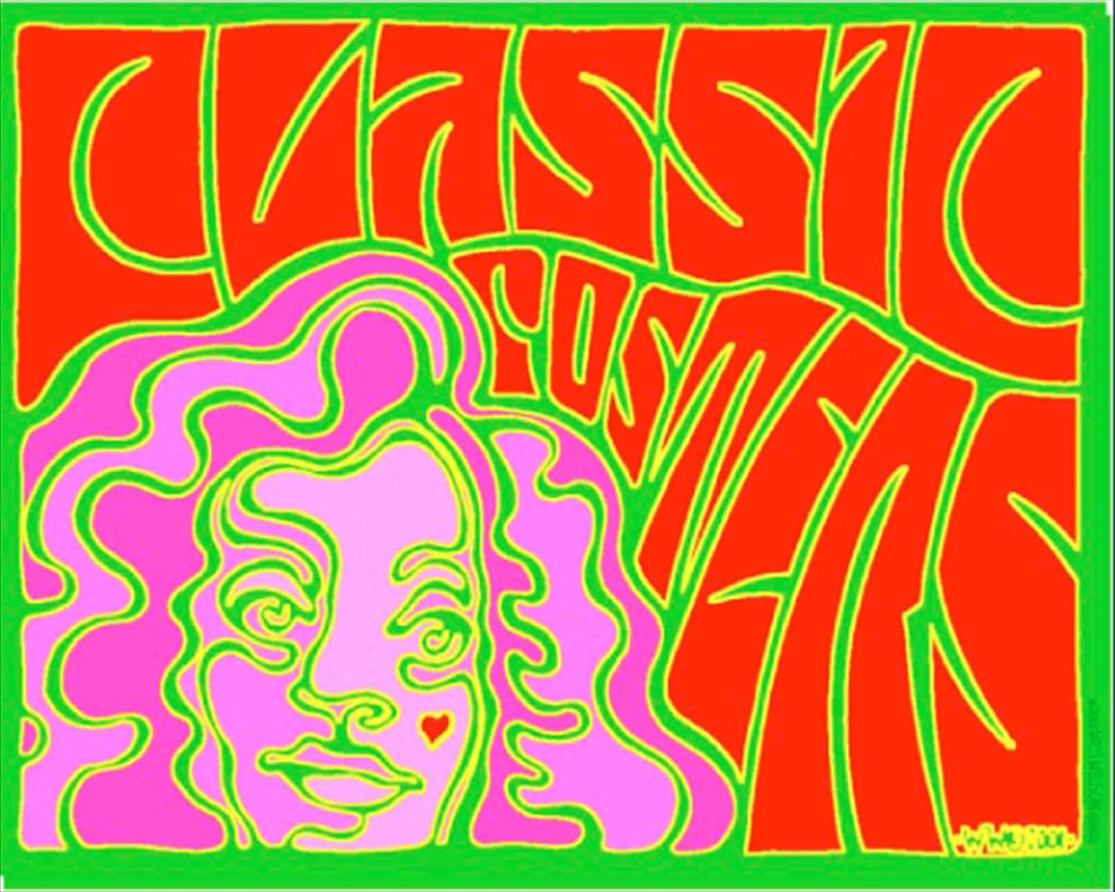 A vibrant psychedelic poster with bright colors and swirling text.