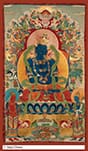 Blue-green seated Buddhist deity in ornate thangka