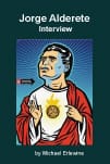 Stylized illustration of man with microphone, sun emblem