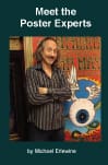 Man standing beside large colorful eye poster